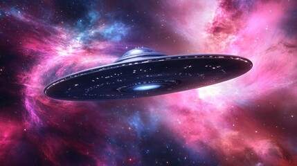 Obraz premium A classic flying saucer spaceship soars through a pink and blue nebula in outer space.