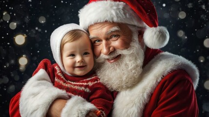 Santa claus holding a baby with falling snow and bokeh lights