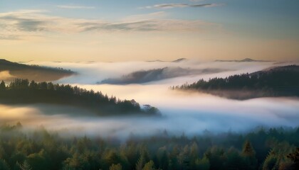 Fototapeta premium Ethereal Morning Mist Blanketing Pine Forests. Serene Dawn Landscape Dense Fog Rolling Over Mountainous Woodland, Tranquil Beauty of Nature's Mystical Atmosphere in the Golden Hour