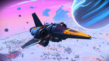 Obraz premium A futuristic spaceship flies through the atmosphere of an alien planet, with a large gas giant in the background.