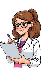 Nice friendly psychologist taking notes in her notebook with white shades, png