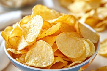 Close-up view of crispy golden potato chips in bowl