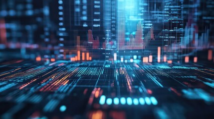 A futuristic cityscape made of digital data streams and glowing lines.