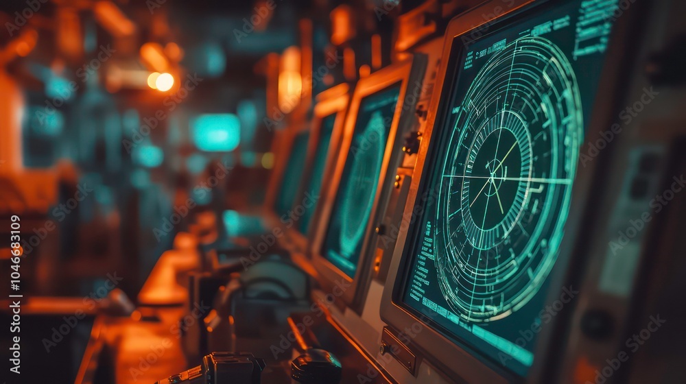 Poster Closeup of radar screens in a dimly lit control room, displaying intricate patterns and data.