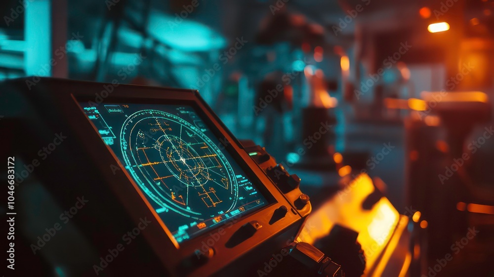 Poster Close up of a radar screen in a dark room with a blurred background.