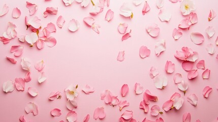 Photo of, Pink background with scattered cherry blossom petals and Japanese paper lanterns for design, banner template
