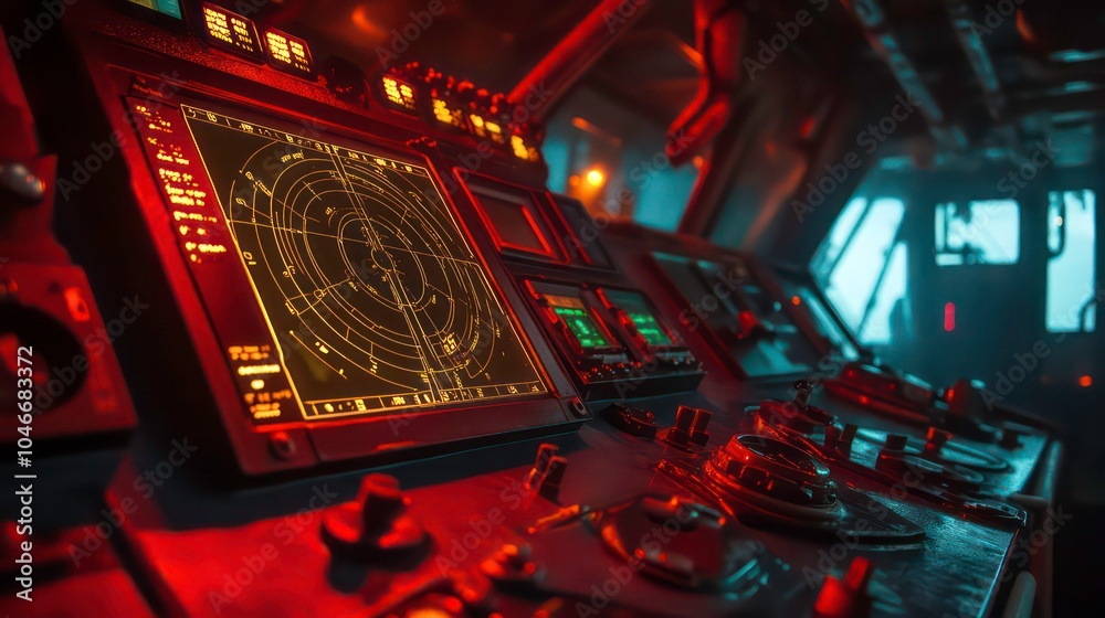 Poster close-up of a ship's radar screen and control panel in the bridge, with a blurry view of the ocean o