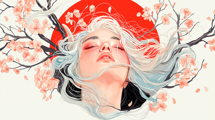 digital art illustration, portrait of beautiful girl, surreal painting, japan athmosphere