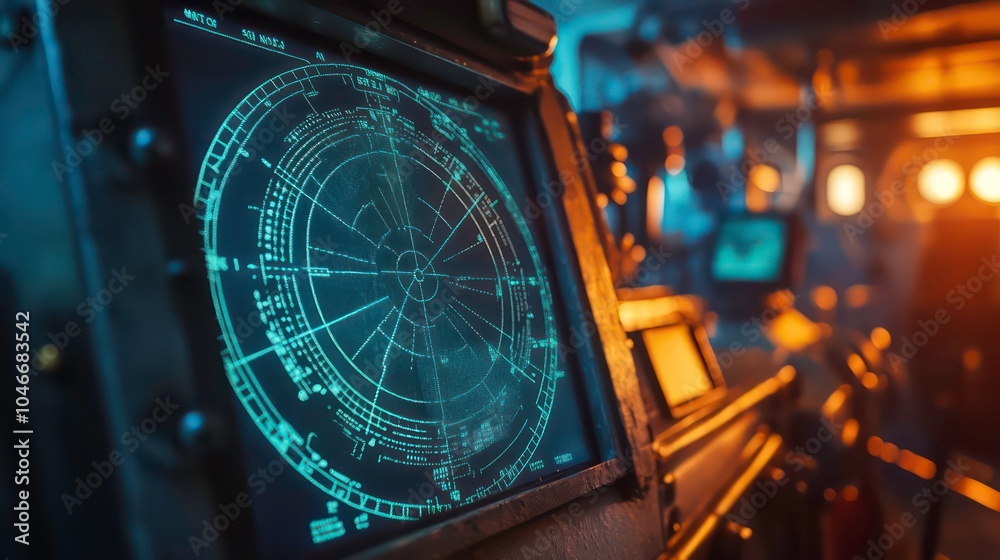 Poster a close-up of a radar screen in a ship's bridge, with a blurred crew member in the background.