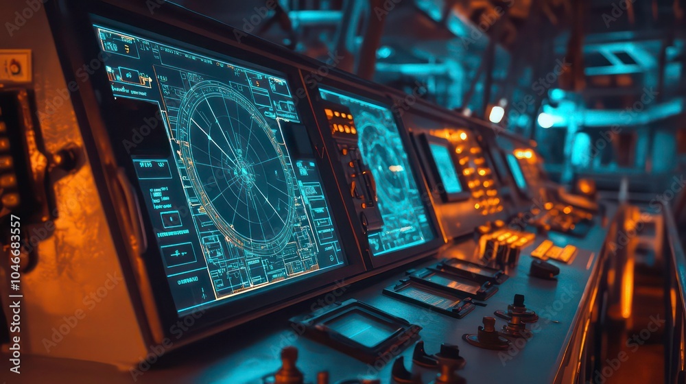 Aufkleber a close-up shot of a ship's bridge with a radar screen and a variety of controls.