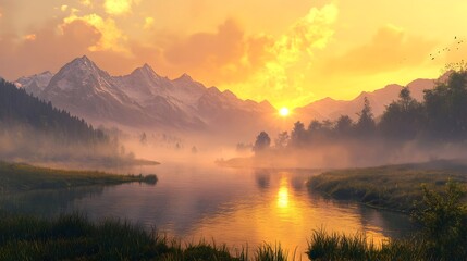 Enchanting Sunrise Over Misty Alpine Landscape with Serene Reflective Lake