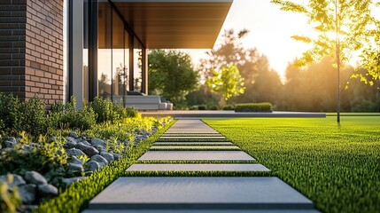 Fototapeta premium Modern Home Exterior with Minimalist Pathway and Sunset Reflection
