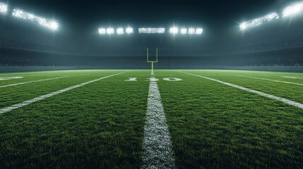 An empty football field at night with the spotlights illuminating the green grass and the goalpost.