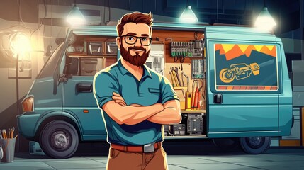 Confident Cartoon Electrician with Service Van