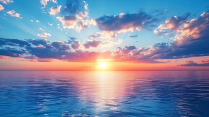 A peaceful seascape with a vast expanse of water under a sky filled with soft clouds. The scene features a vibrant sky with hints of blue and warm tones from the sun, either rising or setting on the h