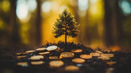 A small tree growing out of a pile of coins in a forest setting.