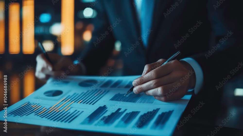 Poster close-up of businessman analyzing financial data with pen in hand.