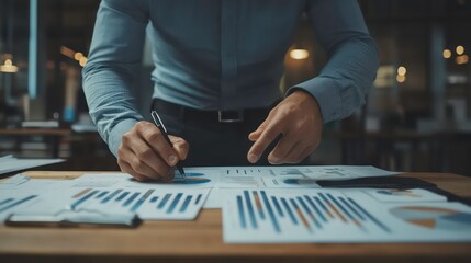 Fototapeta premium A businessman is working on a financial report, analyzing charts and graphs, with a pen in his hand, at a desk with a wood surface.