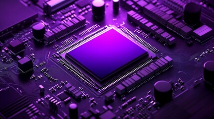 Aerial view of an intricate purple-toned computer chip circuit board with highlighted pathways and microcomponents.