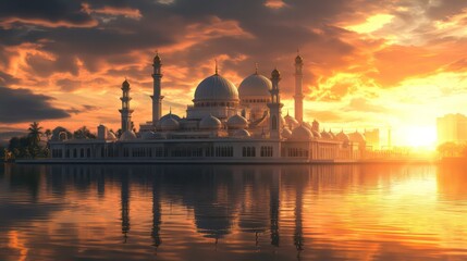 Naklejka premium A majestic white mosque with golden domes stands reflected in a calm lake at sunset.