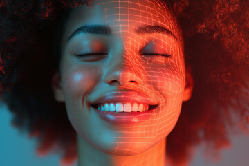 beautiful woman smiling face being recognized by facedetect algorithm, scanner of the volumetric-spatial shape of a person’s face