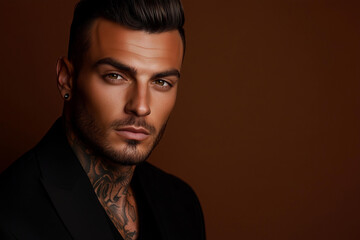 Obraz premium tanned skin, hot and attractive Italian mafia billionaire with a tattoo on his neck , wearing a luxurious black suit. Looking at camera with piercing and sensual gaze.isolated on smooth solid backdrop