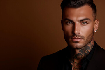 Fototapeta premium tanned skin, hot and attractive Italian mafia billionaire with a tattoo on his neck , wearing a luxurious black suit. Looking at camera with piercing and sensual gaze.isolated on smooth solid backdrop