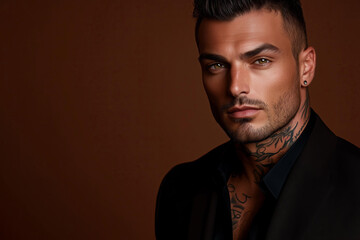 Fototapeta premium tanned skin, hot and attractive Italian mafia billionaire with a tattoo on his neck , wearing a luxurious black suit. Looking at camera with piercing and sensual gaze.isolated on smooth solid backdrop