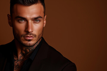 Fototapeta premium tanned skin, hot and attractive Italian mafia billionaire with a tattoo on his neck , wearing a luxurious black suit. Looking at camera with piercing and sensual gaze.isolated on smooth solid backdrop