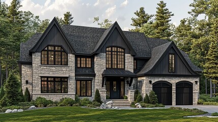 Modern Tudor Style Home with Stone and Black Accents