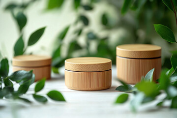 Stylish organic skincare jars with bamboo lids surrounded by greenery