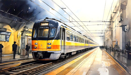 Fototapeta premium A sleek, modern train stands ready to depart. Train station. A vintage train, bathed in warm sunlight. Watercolor Illustration. Drawing. Art. 3