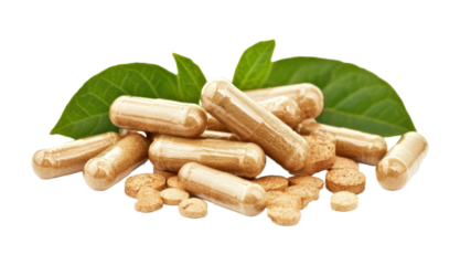 Ashwagandha, Indian ginseng, Withania Somnifera pill capsules supplement isolated on transparent background PNG
