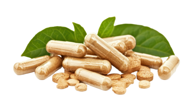 Ashwagandha, Indian ginseng, Withania Somnifera pill capsules supplement isolated on transparent background PNG