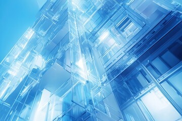 Futuristic holographic environment with translucent blue glas, symbolizing modern technology, innovation, and digital architecture. Ideal for themes of business, and futuristic workspace design.