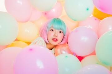 Obraz premium Whimsical Minimalist Portrait of a Woman Amidst Pastel Balloons