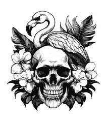 Fototapeta premium Skull, Flamingo & Flowers