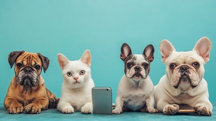 Four Pets Looking at Phone