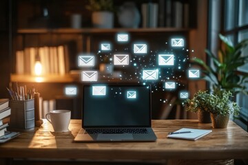 Laptop in home office with floating email icons and warm lighting