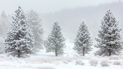 Snowy pine trees standing serene in winter landscape, surrounded by snow-covered ground and misty atmosphere.
