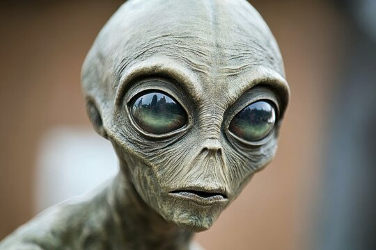 Close-up portrait of alien sculpture with large eyes