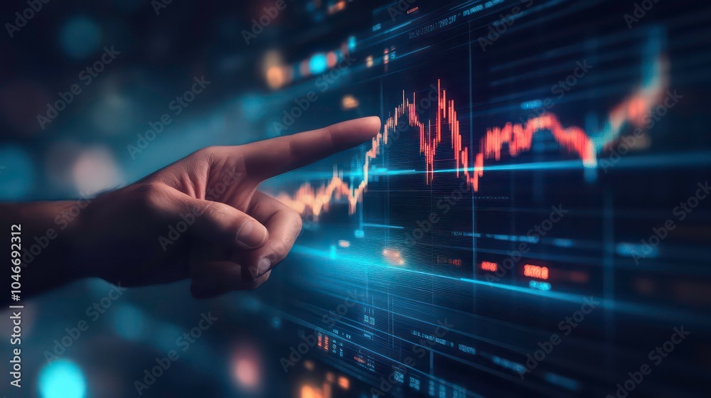 Poster A hand points at a stock market graph on a computer screen. The graph shows a rising trend.