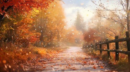 Fototapeta premium Serene autumn pathway surrounded by colorful trees and gentle falling leaves.