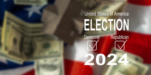 2024 Vote, Presidential Race and Election, Money and Text.