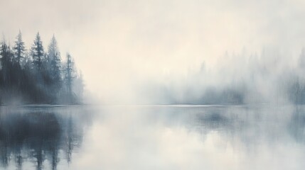Fototapeta premium Misty lake landscape with fog, featuring lush trees reflecting on calm water surface.