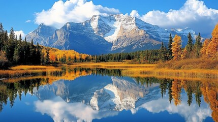 Obraz premium Majestic mountains reflecting in serene lake under a vibrant blue sky, surrounded by lush autumn trees.
