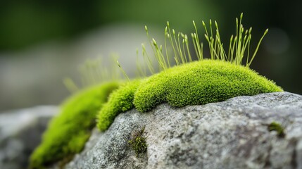 Fototapeta premium Lush green moss growing on a rock, capturing nature's beauty in a tranquil setting.