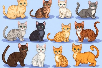 Fototapeta premium Assortment of cute cartoon kittens with various coat patterns