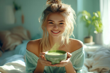 sitting smiling young woman drinking matcha tee. AI generative.