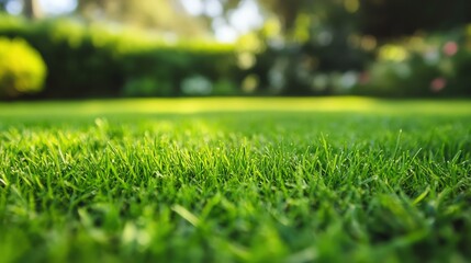 Naklejka premium Lush green grass carpet under bright sunlight, perfect for relaxation and outdoor activities.